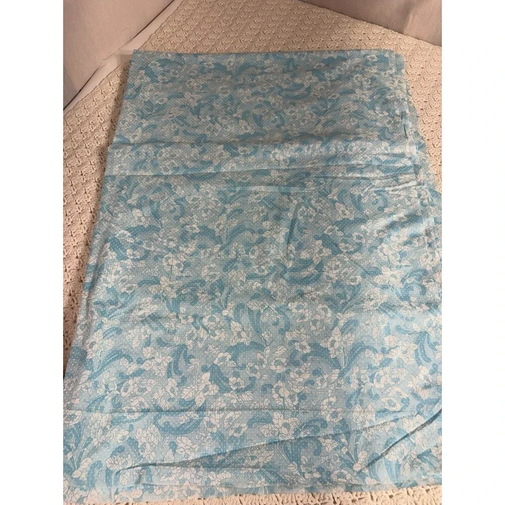 Vintage Blue White Flocked Swiss Dot Floral Fabric Pinafore Dress 44” X 128”